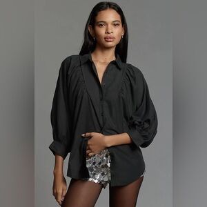 NWT Anthropologie Maeve Balloon Sleeve Collared Blouse Black XXS Button Down